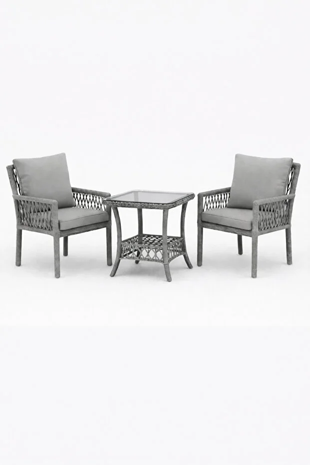 Oslo Raddan 1+1 Bistro Set Minderli 2 Kişilik Raddan Oturma Grubu Camlı Sehpa Bahçe Balkon Teras Set